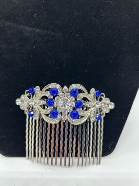 Silver Bridal Hair Comb with Royal Blue Crystals
